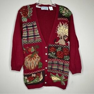 Vtg‎ Jantzen Hand Embroidered Fall Autumn Design Knit Cardigan Women's Size MP